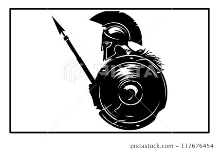 Kneeling ancient Greek warrior in helmet with spear. Black and white silhouette. Kneeling ancient Greek warrior in helmet with spear. Black and white silhouette. 117676454