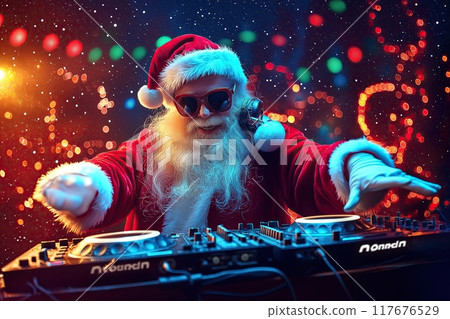 Santa Claus DJ playing music on a turntable at a lively party. The concept blends the joy of holiday celebrations with modern music culture. Generative AI. 117676529