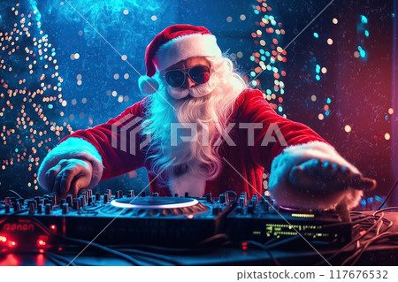 Santa Claus DJ playing music on a turntable at a lively party. The concept blends the joy of holiday celebrations with modern music culture. Generative AI. Santa Claus DJ playing music on a turntable at a lively party. The concept blends the joy of holiday celebrations with modern music culture. Generative AI. 117676532