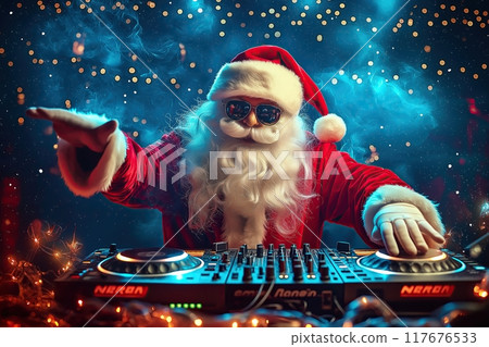 Santa Claus DJ playing music on a turntable at a lively party. The concept blends the joy of holiday celebrations with modern music culture. Generative AI. 117676533