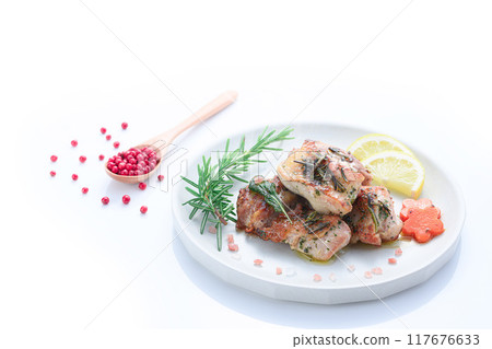 Grilled chicken thighs with herbs (rosemary, sage, basil) Grilled chicken thighs with herbs (rosemary, sage, basil) 117676633