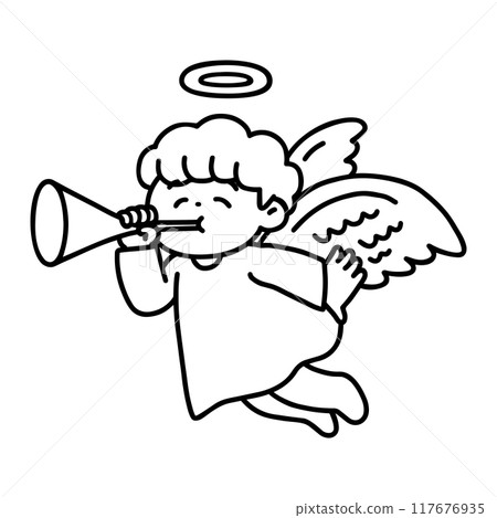 A cute angel playing a trumpet - line drawing 117676935