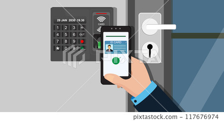 Smart digital door lock.Hand with smartphone with id card application. 117676974
