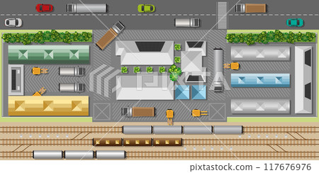 Top view of large logistics park with warehouse. Top view of large logistics park with warehouse. 117676976