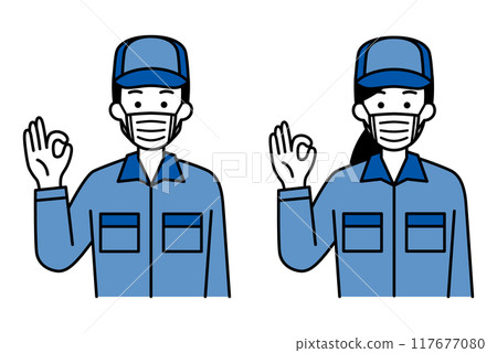一組穿著工作服的男女戴著口罩並做出 OK 手勢 117677080