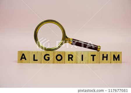 Magnifying glass and paper card with text ALGORITHM on pink background Magnifying glass and paper card with text ALGORITHM on pink background 117677081
