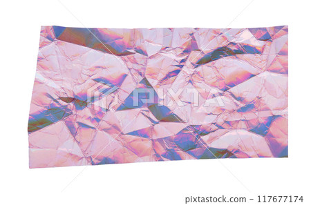 Iridescent holographic crumpled paper with folds texture cut out on white background Iridescent holographic crumpled paper with folds texture cut out on white background 117677174