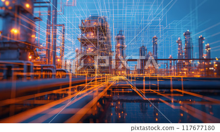 Virtual abstract industrial factory with wireframe mesh and glowing objects 117677180