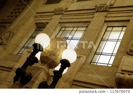 Ceiling and retro lighting in Milan Central Station, Italy Ceiling and retro lighting in Milan Central Station, Italy 117678078