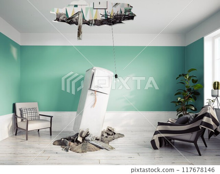 broken ceiling and falling refrigerator broken ceiling and falling refrigerator 117678146
