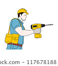 Illustration material of a male craftsman holding a drill and working at a construction site 117678188
