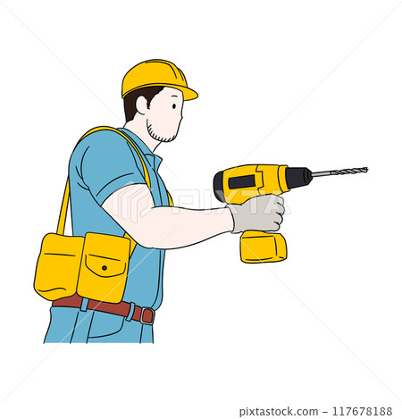 一名男性工匠和工人拿著鑽頭在建築工地工作的插圖材料 一名男性工匠和工人拿著鑽頭在建築工地工作的插圖材料 117678188