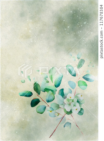 Watercolor card with green leaves and white flowers 117678384