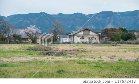 House or vllage with cherry tree by mount Aso volcano, Kumamoto 117678418