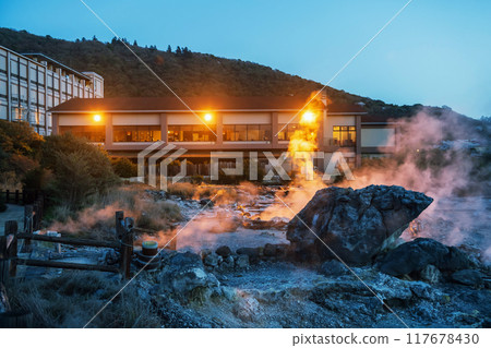 Hotel by Mount Unzen Hell valley Jigoku at night, Nagasaki 117678430