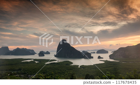 Phang Nga Bay view with twilight sky at dusk from Samed Nangshe 117678435