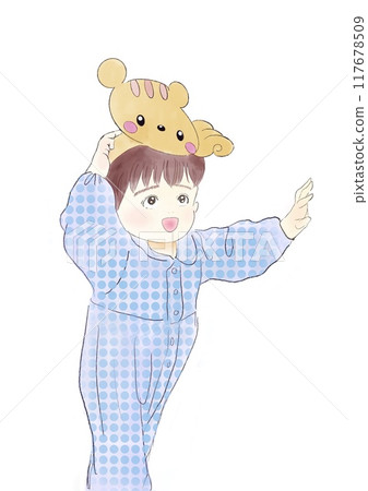 Illustration of a child wearing an animal mask 117678509