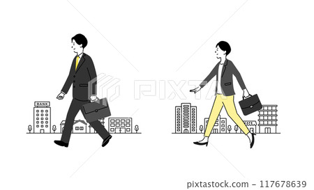 Illustration of a business person commuting to work: A man and woman in a suit walking down the street 117678639