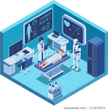 Isometric Doctor examines a patient with Ai Diagnostics and Robot Isometric Doctor examines a patient with Ai Diagnostics and Robot 117678715