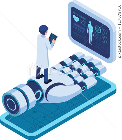 Isometric Doctor on AI Robotic hand Displaying Health Data 117678716