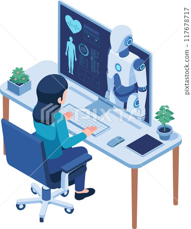 Isometric Woman Consult with an Advanced Healthcare AI Robot 117678717