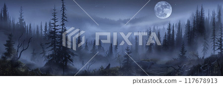 AI-generated item. Foggy night in the forest. Panoramic view. 117678913