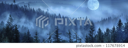 AI-generated item. Foggy forest in the mountains at night. Panorama. 117678914