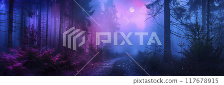 AI-generated item. Mysterious forest in a fog at night. Halloween concept. 117678915