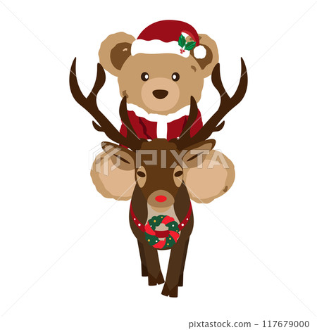 Illustration of a teddy bear in a Santa costume riding a reindeer 117679000