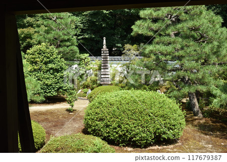 Zuishin-in Temple: Thirteen-story stone pagoda and garden seen from the corridor connecting the main hall and the inner study, summer Zuishin-in Temple: Thirteen-story stone pagoda and garden seen from the corridor connecting the main hall and the inner study, summer 117679387