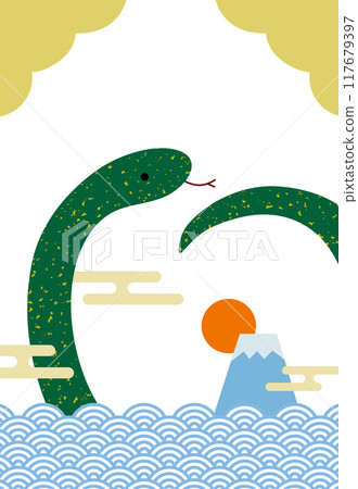2025 Year of the Snake New Year's card with Mt. Fuji and Seigaiha (vertical 07) / green, no text 2025 Year of the Snake New Year's card with Mt. Fuji and Seigaiha (vertical 07) / green, no text 117679397