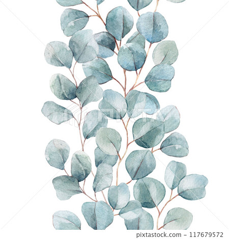 Beautiful watercolor vertical seamless pattern with hand drawn eucalyptus branches, leaves. Stock illustration. Ready print design. 117679572