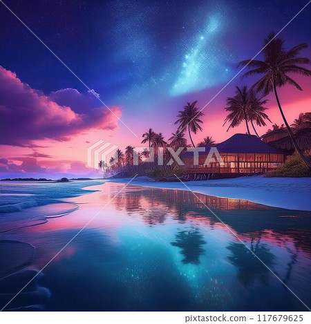 熱帶海灘與美麗的日落漸變 117679625