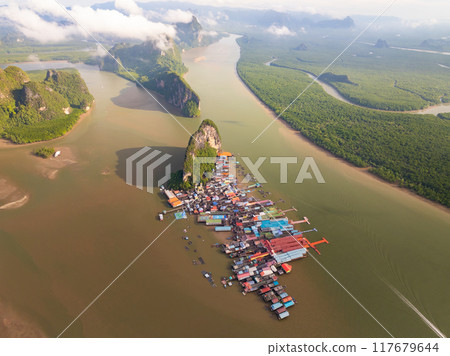 Aerial view of Panyee island in Phang Nga Thailand,Wide angle landscape Floating village, Koh Panyee fishing village island in Phang Nga, Thailand Aerial view of Panyee island in Phang Nga Thailand,Wide angle landscape Floating village, Koh Panyee fishing village island in Phang Nga, Thailand 117679644