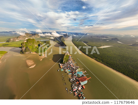 Aerial view of Panyee island in Phang Nga Thailand,Wide angle landscape Floating village, Koh Panyee fishing village island in Phang Nga, Thailand Aerial view of Panyee island in Phang Nga Thailand,Wide angle landscape Floating village, Koh Panyee fishing village island in Phang Nga, Thailand 117679646
