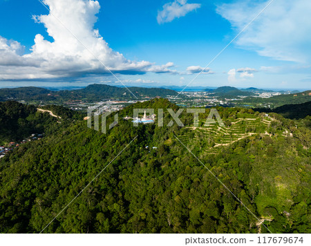 Aerial view drone shot of Mountains Forest trees nature environment background Aerial view drone shot of Mountains Forest trees nature environment background 117679674