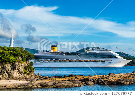 Cruise ship departs from Nagasaki Port: Costa Serena from the Island of the Gods and the Statue of Mary on the Cape [Nagasaki City] 117679777