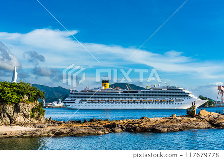 Cruise ship departs from Nagasaki Port: Costa Serena from the Island of the Gods and the Statue of Mary on the Cape [Nagasaki City] 117679778