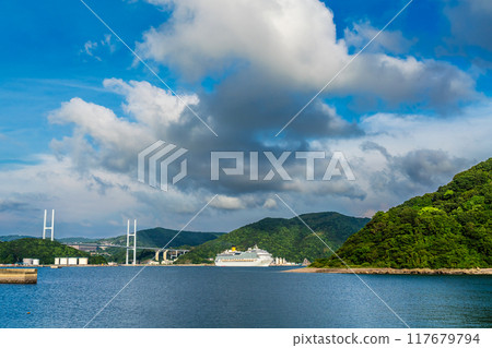 Cruise ship departs from Nagasaki Port: Costa Serena and Megami Ohashi Bridge from the Island of the Gods [Nagasaki City] 117679794