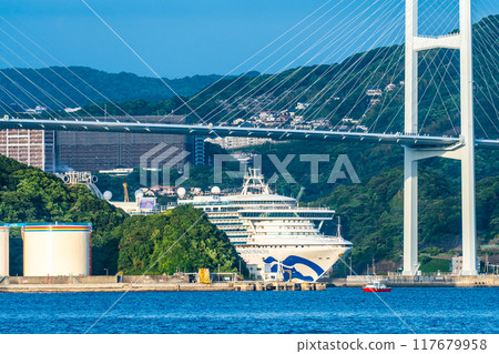 Cruise ship departs from Nagasaki Port: Diamond Princess and Megami Ohashi Bridge from the Island of the Gods [Nagasaki City] 117679958