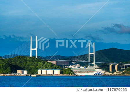 Cruise ship departs from Nagasaki Port: Diamond Princess and Megami Ohashi Bridge from the Island of the Gods [Nagasaki City] 117679963