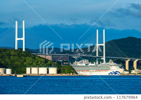 Cruise ship departs from Nagasaki Port: Diamond Princess and Megami Ohashi Bridge from the Island of the Gods [Nagasaki City] 117679964