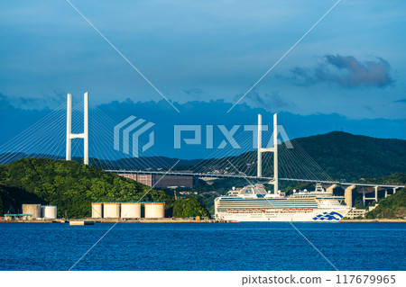 Cruise ship departs from Nagasaki Port: Diamond Princess and Megami Ohashi Bridge from the Island of the Gods [Nagasaki City] 117679965