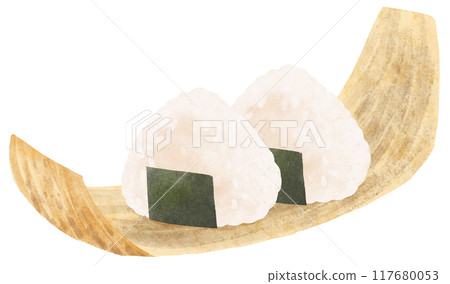 Rice balls served on bamboo skin, watercolor touch 117680053