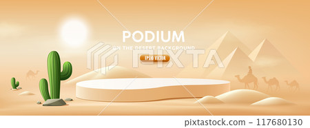 Podium desert summer, green cactus, camel, pyramid, on sand desert, the sun shines banner design  117680130