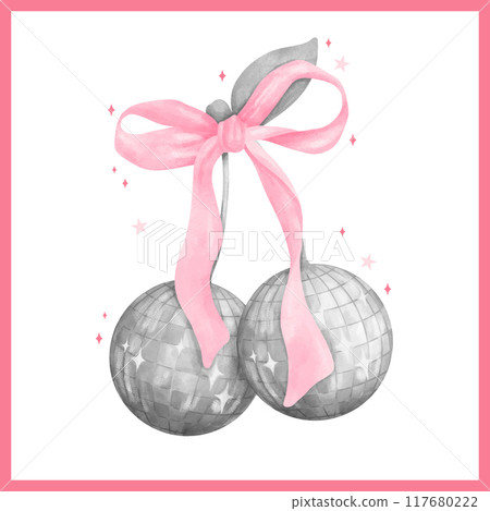 Trendy Groovy Disco Ball Cherries Coquette Watercolor with pink Ribbon bow Retro Style 117680222
