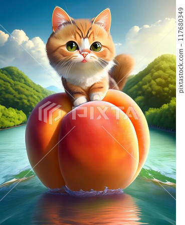 A big peach and a cat floating down the river 117680349