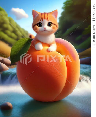A big peach and a cat floating down the river 117680350