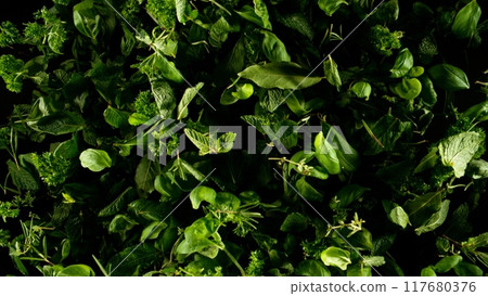 Falling herbs leaves, isolated on black background. Falling herbs leaves, isolated on black background. 117680376