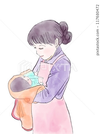 Woman holding a baby and smiling 117680472